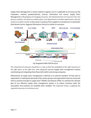 Page | 4
Supply Chain Management is mainly related to logistics, but it is applicable to all resources like
manpower, machine, goods/materials, services, information and money. Supply Chain
Management is the process of managing resources, the flow/movement of resources from one
party to another, one place to another place, one department to another department, and one
section to another section as they move in a process from supplier to manufacturer to wholesaler
(Distribution Centre, Regional Distribution Centre) to retailer to consumer.
Fig: Bangladesh RMG SCM Structure
The movement of resources should be in a way so that the availability of the right resources in
the right place, at the right time, with adequate quantity Supply chain management involves
coordinating and integrating these flows both within and among companies.
Effectiveness of supply chain management is defined as an external standard “of how well an
organization is meeting the demands of the various groups and organizations that are concerned
with its activities through its supply chain” (Pfeffer and Salancik 1978). It is said that the ultimate
goal of any effective supply chain management system is to reduce inventory (with the
assumption that products are available when needed). The important thing is supplying the
required resources at a minimum cost.
 