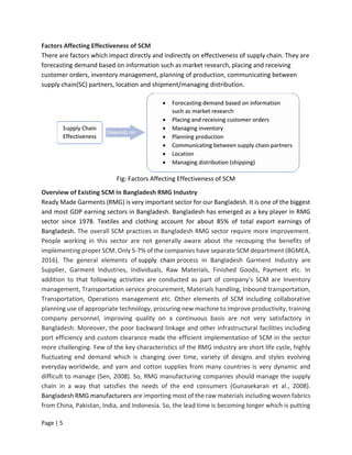 Page | 5
Factors Affecting Effectiveness of SCM
There are factors which impact directly and indirectly on effectiveness of supply chain. They are
forecasting demand based on information such as market research, placing and receiving
customer orders, inventory management, planning of production, communicating between
supply chain(SC) partners, location and shipment/managing distribution.
Fig: Factors Affecting Effectiveness of SCM
Overview of Existing SCM In Bangladesh RMG Industry
Ready Made Garments (RMG) is very important sector for our Bangladesh. It is one of the biggest
and most GDP earning sectors in Bangladesh. Bangladesh has emerged as a key player in RMG
sector since 1978. Textiles and clothing account for about 85% of total export earnings of
Bangladesh. The overall SCM practices in Bangladesh RMG sector require more improvement.
People working in this sector are not generally aware about the recouping the benefits of
implementing proper SCM. Only 5-7% of the companies have separate SCM department (BGMEA,
2016). The general elements of supply chain process in Bangladesh Garment Industry are
Supplier, Garment Industries, Individuals, Raw Materials, Finished Goods, Payment etc. In
addition to that following activities are conducted as part of company’s SCM are Inventory
management, Transportation service procurement, Materials handling, Inbound transportation,
Transportation, Operations management etc. Other elements of SCM including collaborative
planning use of appropriate technology, procuring new machine to improve productivity, training
company personnel, improving quality on a continuous basis are not very satisfactory in
Bangladesh. Moreover, the poor backward linkage and other infrastructural facilities including
port efficiency and custom clearance made the efficient implementation of SCM in the sector
more challenging. Few of the key characteristics of the RMG industry are short life cycle, highly
fluctuating end demand which is changing over time, variety of designs and styles evolving
everyday worldwide, and yarn and cotton supplies from many countries is very dynamic and
difficult to manage (Sen, 2008). So, RMG manufacturing companies should manage the supply
chain in a way that satisfies the needs of the end consumers (Gunasekaran et al., 2008).
Bangladesh RMG manufacturers are importing most of the raw materials including woven fabrics
from China, Pakistan, India, and Indonesia. So, the lead time is becoming longer which is putting
 