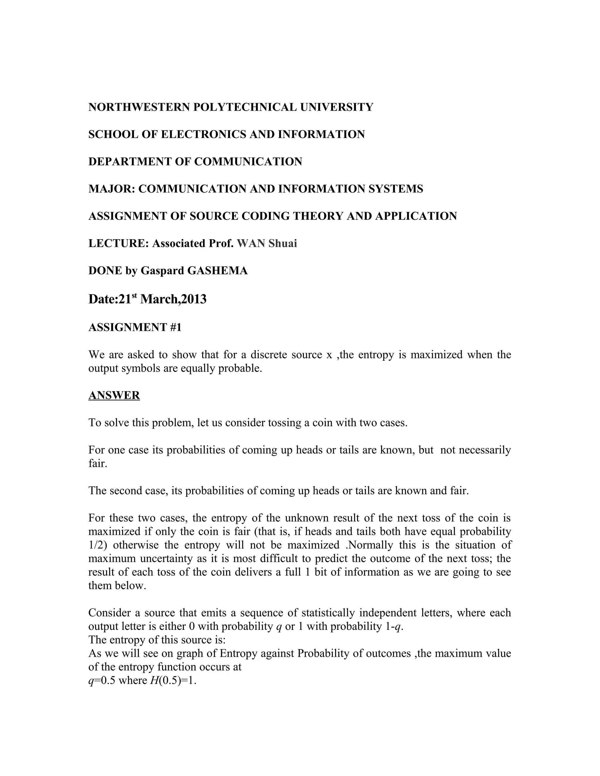 Assignments of source coding theory and applications | PDF