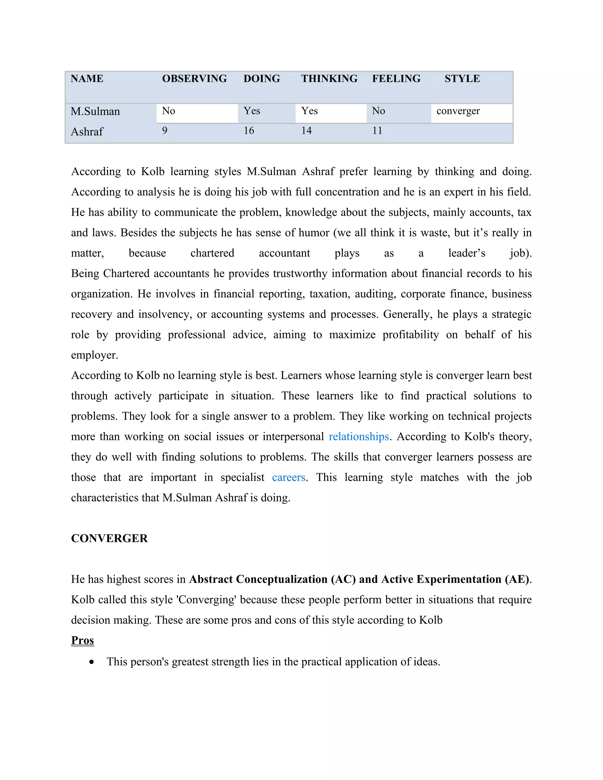 NAME                  OBSERVING         DOING        THINKING        FEELING            STYLE


M.Sulman              No                Yes          Yes             No             converger
Ashraf                9                 16           14              11


According to Kolb learning styles M.Sulman Ashraf prefer learning by thinking and doing.
According to analysis he is doing his job with full concentration and he is an expert in his field.
He has ability to communicate the problem, knowledge about the subjects, mainly accounts, tax
and laws. Besides the subjects he has sense of humor (we all think it is waste, but it’s really in
matter,       because       chartered        accountant      plays        as    a       leader’s   job).
Being Chartered accountants he provides trustworthy information about financial records to his
organization. He involves in financial reporting, taxation, auditing, corporate finance, business
recovery and insolvency, or accounting systems and processes. Generally, he plays a strategic
role by providing professional advice, aiming to maximize profitability on behalf of his
employer.
According to Kolb no learning style is best. Learners whose learning style is converger learn best
through actively participate in situation. These learners like to find practical solutions to
problems. They look for a single answer to a problem. They like working on technical projects
more than working on social issues or interpersonal relationships. According to Kolb's theory,
they do well with finding solutions to problems. The skills that converger learners possess are
those that are important in specialist careers. This learning style matches with the job
characteristics that M.Sulman Ashraf is doing.


CONVERGER


He has highest scores in Abstract Conceptualization (AC) and Active Experimentation (AE).
Kolb called this style 'Converging' because these people perform better in situations that require
decision making. These are some pros and cons of this style according to Kolb
Pros
   •      This person's greatest strength lies in the practical application of ideas.
 