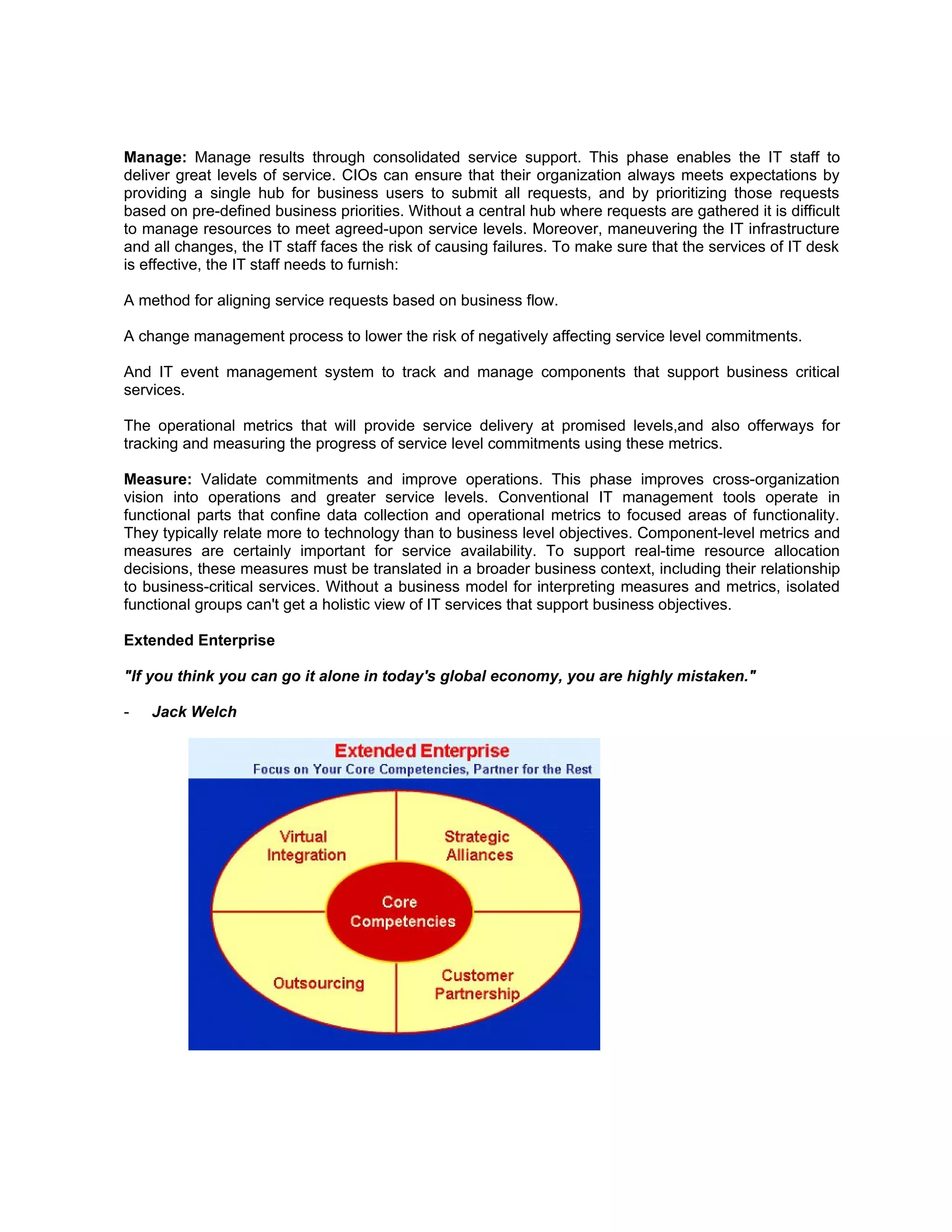 Manage: Manage results through consolidated service support. This phase enables the IT staff to
deliver great levels of service. CIOs can ensure that their organization always meets expectations by
providing a single hub for business users to submit all requests, and by prioritizing those requests
based on pre-defined business priorities. Without a central hub where requests are gathered it is difficult
to manage resources to meet agreed-upon service levels. Moreover, maneuvering the IT infrastructure
and all changes, the IT staff faces the risk of causing failures. To make sure that the services of IT desk
is effective, the IT staff needs to furnish:

A method for aligning service requests based on business flow.

A change management process to lower the risk of negatively affecting service level commitments.

And IT event management system to track and manage components that support business critical
services.

The operational metrics that will provide service delivery at promised levels,and also offerways for
tracking and measuring the progress of service level commitments using these metrics.

Measure: Validate commitments and improve operations. This phase improves cross-organization
vision into operations and greater service levels. Conventional IT management tools operate in
functional parts that confine data collection and operational metrics to focused areas of functionality.
They typically relate more to technology than to business level objectives. Component-level metrics and
measures are certainly important for service availability. To support real-time resource allocation
decisions, these measures must be translated in a broader business context, including their relationship
to business-critical services. Without a business model for interpreting measures and metrics, isolated
functional groups can't get a holistic view of IT services that support business objectives.

Extended Enterprise

"If you think you can go it alone in today's global economy, you are highly mistaken."

-   Jack Welch
 