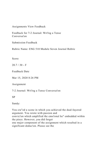 Assignments View Feedback
Feedback for 7-2 Journal: Wri!ng a Tense
Conversa!on
Submission Feedback
Rubric Name: ENG 510 Module Seven Journal Rubric
Score
20.7 / 30 - F
Feedback Date
Mar 15, 2020 8:26 PM
Assignment
7-2 Journal: Wri!ng a Tense Conversa!on
SP
Sandy:
You cra"ed a scene in which you achieved the dual-layered
argument. You wrote with passion and
convic!on which amplified the emo!onal he" embedded within
the piece. However, you did forget
one major component of the assignment which resulted in a
significant deduc!on. Please see the
 