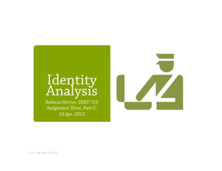 Identity
             Analysis
            Rebecca Horton, SERV 724
            Assignment ree, Part C,
                  18 Apr. 2012




Icon: The Noun Project
 