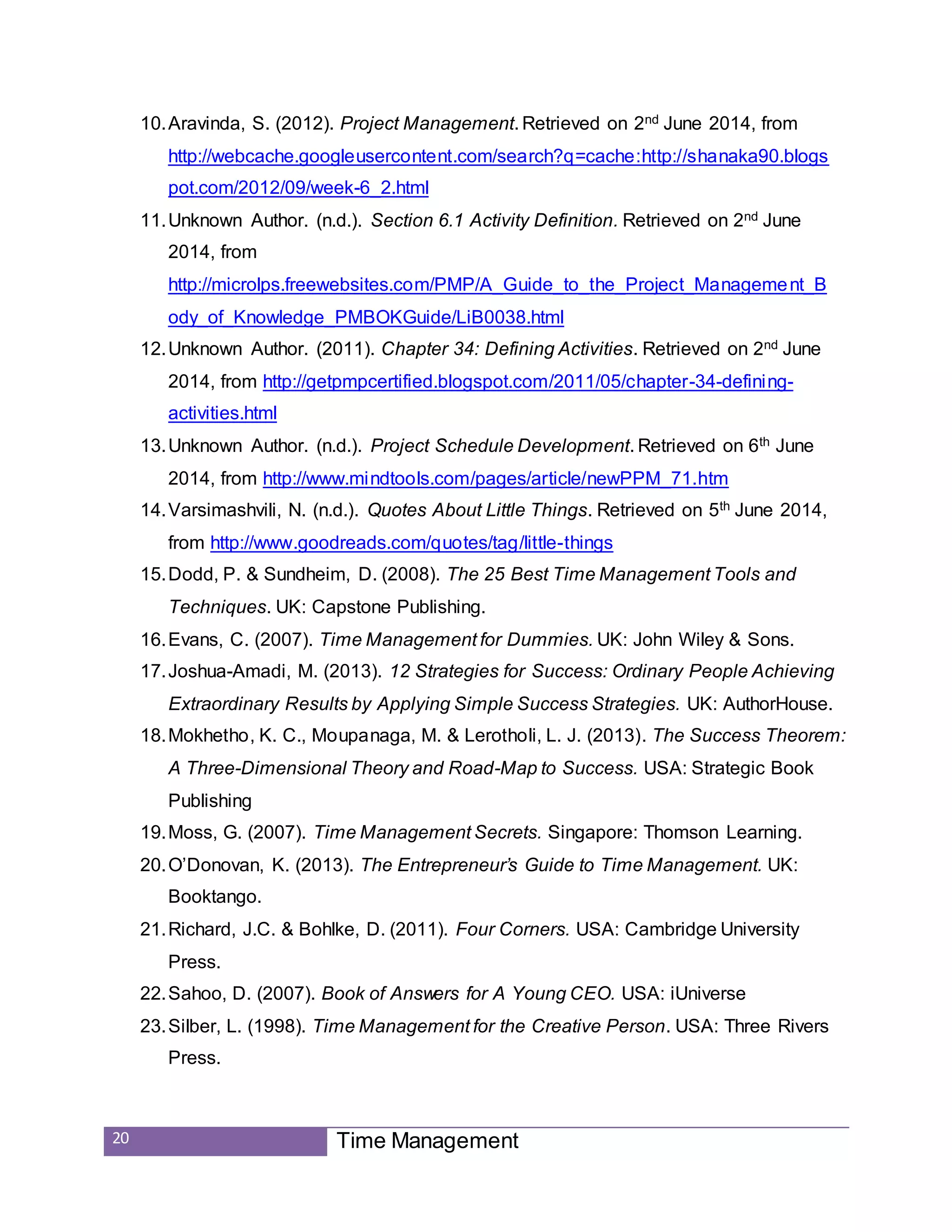 20 Time Management
10.Aravinda, S. (2012). Project Management. Retrieved on 2nd June 2014, from
http://webcache.googleusercontent.com/search?q=cache:http://shanaka90.blogs
pot.com/2012/09/week-6_2.html
11.Unknown Author. (n.d.). Section 6.1 Activity Definition. Retrieved on 2nd June
2014, from
http://microlps.freewebsites.com/PMP/A_Guide_to_the_Project_Management_B
ody_of_Knowledge_PMBOKGuide/LiB0038.html
12.Unknown Author. (2011). Chapter 34: Defining Activities. Retrieved on 2nd June
2014, from http://getpmpcertified.blogspot.com/2011/05/chapter-34-defining-
activities.html
13.Unknown Author. (n.d.). Project Schedule Development. Retrieved on 6th June
2014, from http://www.mindtools.com/pages/article/newPPM_71.htm
14.Varsimashvili, N. (n.d.). Quotes About Little Things. Retrieved on 5th June 2014,
from http://www.goodreads.com/quotes/tag/little-things
15.Dodd, P. & Sundheim, D. (2008). The 25 Best Time Management Tools and
Techniques. UK: Capstone Publishing.
16.Evans, C. (2007). Time Management for Dummies. UK: John Wiley & Sons.
17.Joshua-Amadi, M. (2013). 12 Strategies for Success: Ordinary People Achieving
Extraordinary Results by Applying Simple Success Strategies. UK: AuthorHouse.
18.Mokhetho, K. C., Moupanaga, M. & Lerotholi, L. J. (2013). The Success Theorem:
A Three-Dimensional Theory and Road-Map to Success. USA: Strategic Book
Publishing
19.Moss, G. (2007). Time Management Secrets. Singapore: Thomson Learning.
20.O’Donovan, K. (2013). The Entrepreneur’s Guide to Time Management. UK:
Booktango.
21.Richard, J.C. & Bohlke, D. (2011). Four Corners. USA: Cambridge University
Press.
22.Sahoo, D. (2007). Book of Answers for A Young CEO. USA: iUniverse
23.Silber, L. (1998). Time Management for the Creative Person. USA: Three Rivers
Press.
 