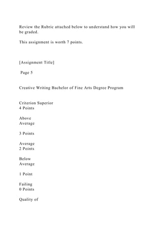 Review the Rubric attached below to understand how you will
be graded.
This assignment is worth 7 points.
[Assignment Title]
Page 5
Creative Writing Bachelor of Fine Arts Degree Program
Criterion Superior
4 Points
Above
Average
3 Points
Average
2 Points
Below
Average
1 Point
Failing
0 Points
Quality of
 