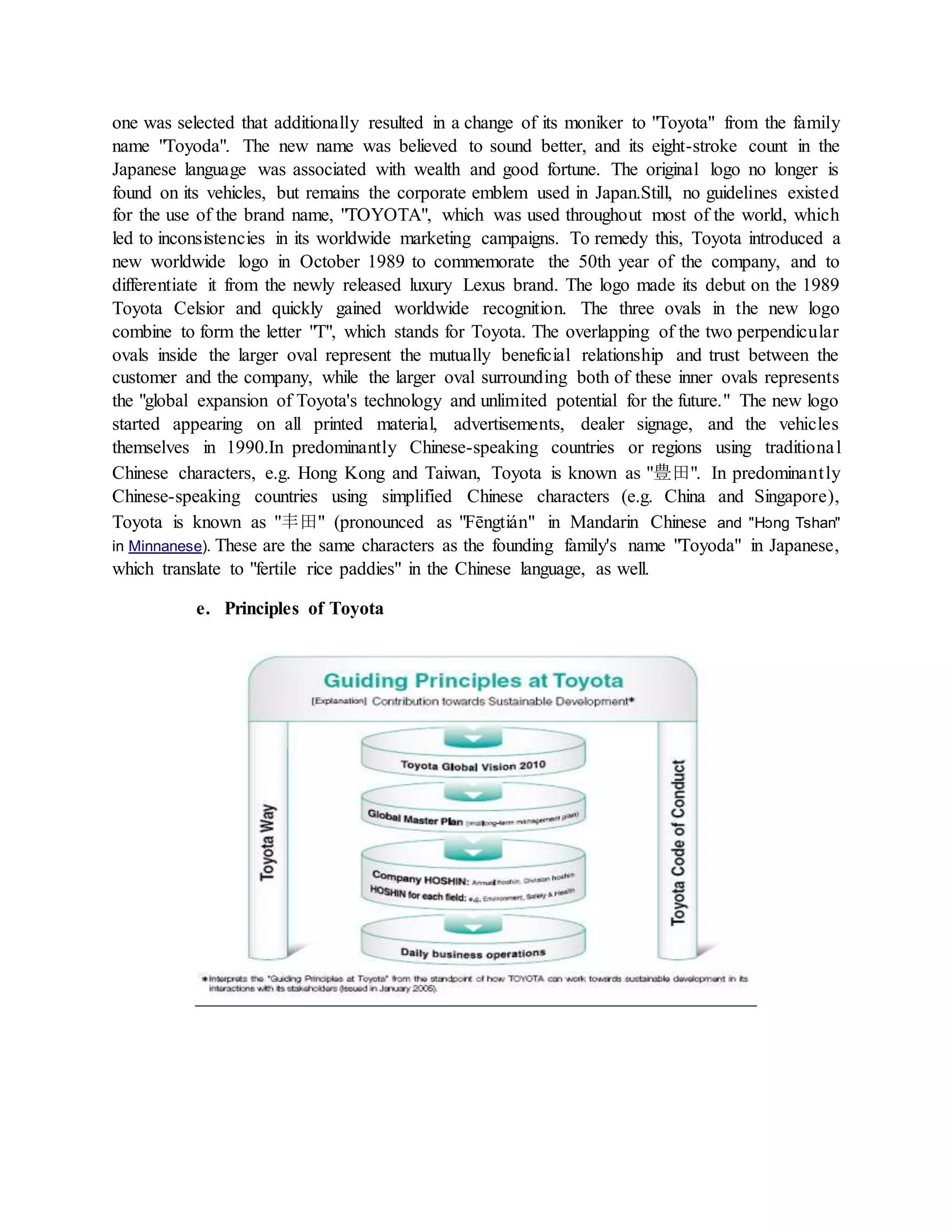 one was selected that additionally resulted in a change of its moniker to "Toyota" from the family
name "Toyoda". The new name was believed to sound better, and its eight-stroke count in the
Japanese language was associated with wealth and good fortune. The original logo no longer is
found on its vehicles, but remains the corporate emblem used in Japan.Still, no guidelines existed
for the use of the brand name, "TOYOTA", which was used throughout most of the world, which
led to inconsistencies in its worldwide marketing campaigns. To remedy this, Toyota introduced a
new worldwide logo in October 1989 to commemorate the 50th year of the company, and to
differentiate it from the newly released luxury Lexus brand. The logo made its debut on the 1989
Toyota Celsior and quickly gained worldwide recognition. The three ovals in the new logo
combine to form the letter "T", which stands for Toyota. The overlapping of the two perpendicular
ovals inside the larger oval represent the mutually beneficial relationship and trust between the
customer and the company, while the larger oval surrounding both of these inner ovals represents
the "global expansion of Toyota's technology and unlimited potential for the future." The new logo
started appearing on all printed material, advertisements, dealer signage, and the vehicles
themselves in 1990.In predominantly Chinese-speaking countries or regions using traditional
Chinese characters, e.g. Hong Kong and Taiwan, Toyota is known as "豊田". In predominantly
Chinese-speaking countries using simplified Chinese characters (e.g. China and Singapore),
Toyota is known as "丰田" (pronounced as "Fēngtián" in Mandarin Chinese and "Hɔng Tshan"
in Minnanese). These are the same characters as the founding family's name "Toyoda" in Japanese,
which translate to "fertile rice paddies" in the Chinese language, as well.
e. Principles of Toyota
 