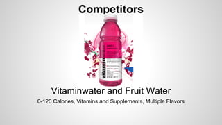 Competitors

Vitaminwater and Fruit Water
0-120 Calories, Vitamins and Supplements, Multiple Flavors

 