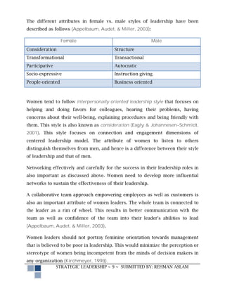 The different attributes in female vs. male styles of leadership have been
described as follows (Appelbaum, Audet, & Miller, 2003):

                  Female                                     Male
Consideration                            Structure
Transformational                         Transactional
Participative                            Autocratic
Socio-expressive                         Instruction giving
People-oriented                          Business oriented



Women tend to follow interpersonally oriented leadership style that focuses on
helping and doing favors for colleagues, hearing their problems, having
concerns about their well-being, explaining procedures and being friendly with
them. This style is also known as consideration (Eagly & Johannesen-Schmidt,
2001). This style focuses on connection and engagement dimensions of
centered leadership model. The attribute of women to listen to others
distinguish themselves from men, and hence is a difference between their style
of leadership and that of men.

Networking effectively and carefully for the success in their leadership roles in
also important as discussed above. Women need to develop more influential
networks to sustain the effectiveness of their leadership.

A collaborative team approach empowering employees as well as customers is
also an important attribute of women leaders. The whole team is connected to
the leader as a rim of wheel. This results in better communication with the
team as well as confidence of the team into their leader’s abilities to lead
(Appelbaum, Audet, & Miller, 2003).

Women leaders should not portray feminine orientation towards management
that is believed to be poor in leadership. This would minimize the perception or
stereotype of women being incompetent from the minds of decision makers in
any organization (Kirchmeyer, 1998).
             STRATEGIC LEADERSHIP ~ 9 ~ SUBMITTED BY: REHMAN ASLAM
 