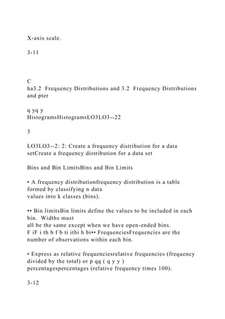 X-axis scale.
3-11
C
ha3.2 Frequency Distributions and 3.2 Frequency Distributions
and pter
q yq y
HistogramsHistogramsLO3LO3--22
3
LO3LO3--2: 2: Create a frequency distribution for a data
setCreate a frequency distribution for a data set
Bins and Bin LimitsBins and Bin Limits
• A frequency distributionfrequency distribution is a table
formed by classifying n data
values into k classes (bins).
•• Bin limitsBin limits define the values to be included in each
bin. Widths must
all be the same except when we have open-ended bins.
F iF i th b f b ti ithi h bi•• FrequenciesFrequencies are the
number of observations within each bin.
• Express as relative frequenciesrelative frequencies (frequency
divided by the total) or p qq ( q y y )
percentagespercentages (relative frequency times 100).
3-12
 