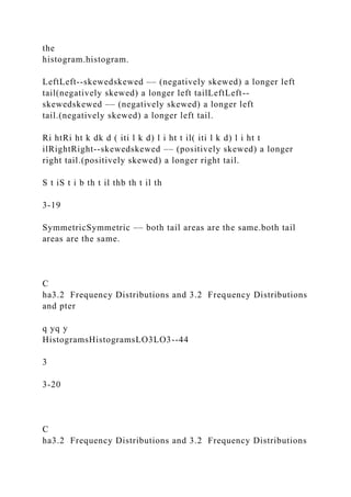 the
histogram.histogram.
LeftLeft--skewedskewed –– (negatively skewed) a longer left
tail(negatively skewed) a longer left tailLeftLeft--
skewedskewed –– (negatively skewed) a longer left
tail.(negatively skewed) a longer left tail.
Ri htRi ht k dk d ( iti l k d) l i ht t il( iti l k d) l i ht t
ilRightRight--skewedskewed –– (positively skewed) a longer
right tail.(positively skewed) a longer right tail.
S t iS t i b th t il thb th t il th
3-19
SymmetricSymmetric –– both tail areas are the same.both tail
areas are the same.
C
ha3.2 Frequency Distributions and 3.2 Frequency Distributions
and pter
q yq y
HistogramsHistogramsLO3LO3--44
3
3-20
C
ha3.2 Frequency Distributions and 3.2 Frequency Distributions
 
