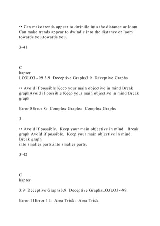 •• Can make trends appear to dwindle into the distance or loom
Can make trends appear to dwindle into the distance or loom
towards you.towards you.
3-41
C
hapter
LO3LO3--99 3.9 Deceptive Graphs3.9 Deceptive Graphs
•• Avoid if possible Keep your main objective in mind Break
graphAvoid if possible Keep your main objective in mind Break
graph
Error 8Error 8: Complex Graphs: Complex Graphs
3
•• Avoid if possible. Keep your main objective in mind. Break
graph Avoid if possible. Keep your main objective in mind.
Break graph
into smaller parts.into smaller parts.
3-42
C
hapter
3.9 Deceptive Graphs3.9 Deceptive GraphsLO3LO3--99
Error 11Error 11: Area Trick: Area Trick
 
