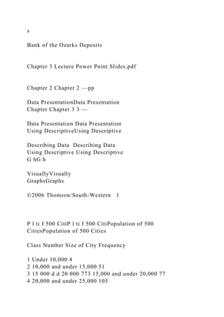 s
Bank of the Ozarks Deposits
Chapter 3 Lecture Power Point Slides.pdf
Chapter 2 Chapter 2 ––pp
Data PresentationData Presentation
Chapter Chapter 3 3 ––
Data Presentation Data Presentation
Using DescriptiveUsing Descriptive
Describing Data Describing Data
Using Descriptive Using Descriptive
G hG h
VisuallyVisually
GraphsGraphs
©2006 Thomson/South-Western 1
P l ti f 500 CitiP l ti f 500 CitiPopulation of 500
CitiesPopulation of 500 Cities
Class Number Size of City Frequency
1 Under 10,000 4
2 10,000 and under 15,000 51
3 15 000 d d 20 000 773 15,000 and under 20,000 77
4 20,000 and under 25,000 105
 