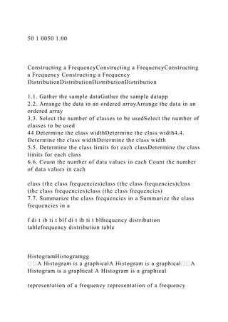 50 1 0050 1.00
Constructing a FrequencyConstructing a FrequencyConstructing
a Frequency Constructing a Frequency
DistributionDistributionDistributionDistribution
1.1. Gather the sample dataGather the sample datapp
2.2. Arrange the data in an ordered arrayArrange the data in an
ordered array
3.3. Select the number of classes to be usedSelect the number of
classes to be used
44 Determine the class widthDetermine the class width4.4.
Determine the class widthDetermine the class width
5.5. Determine the class limits for each classDetermine the class
limits for each class
6.6. Count the number of data values in each Count the number
of data values in each
class (the class frequencies)class (the class frequencies)class
(the class frequencies)class (the class frequencies)
7.7. Summarize the class frequencies in a Summarize the class
frequencies in a
f di t ib ti t blf di t ib ti t blfrequency distribution
tablefrequency distribution table
HistogramHistogramgg
Histogram is a graphical A Histogram is a graphical
representation of a frequency representation of a frequency
 