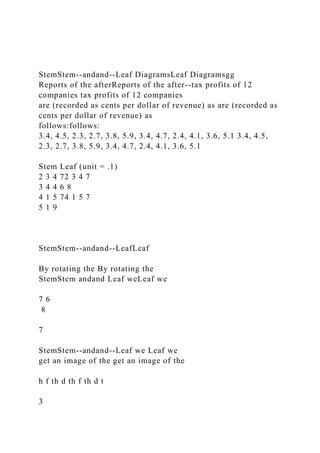 StemStem--andand--Leaf DiagramsLeaf Diagramsgg
Reports of the afterReports of the after--tax profits of 12
companies tax profits of 12 companies
are (recorded as cents per dollar of revenue) as are (recorded as
cents per dollar of revenue) as
follows:follows:
3.4, 4.5, 2.3, 2.7, 3.8, 5.9, 3.4, 4.7, 2.4, 4.1, 3.6, 5.1 3.4, 4.5,
2.3, 2.7, 3.8, 5.9, 3.4, 4.7, 2.4, 4.1, 3.6, 5.1
Stem Leaf (unit = .1)
2 3 4 72 3 4 7
3 4 4 6 8
4 1 5 74 1 5 7
5 1 9
StemStem--andand--LeafLeaf
By rotating the By rotating the
StemStem andand Leaf weLeaf we
7 6
8
7
StemStem--andand--Leaf we Leaf we
get an image of the get an image of the
h f th d th f th d t
3
 