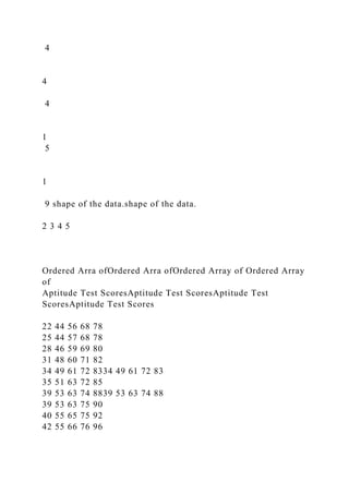 4
4
4
1
5
1
9 shape of the data.shape of the data.
2 3 4 5
Ordered Arra ofOrdered Arra ofOrdered Array of Ordered Array
of
Aptitude Test ScoresAptitude Test ScoresAptitude Test
ScoresAptitude Test Scores
22 44 56 68 78
25 44 57 68 78
28 46 59 69 80
31 48 60 71 82
34 49 61 72 8334 49 61 72 83
35 51 63 72 85
39 53 63 74 8839 53 63 74 88
39 53 63 75 90
40 55 65 75 92
42 55 66 76 96
 