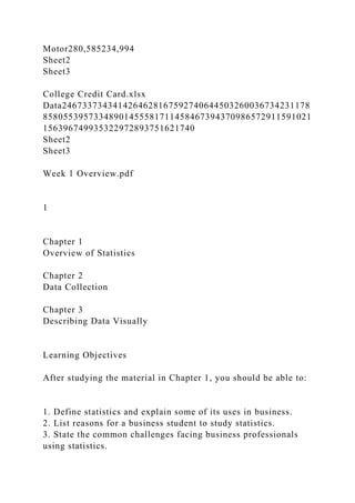 Motor280,585234,994
Sheet2
Sheet3
College Credit Card.xlsx
Data2467337343414264628167592740644503260036734231178
85805539573348901455581711458467394370986572911591021
156396749935322972893751621740
Sheet2
Sheet3
Week 1 Overview.pdf
1
Chapter 1
Overview of Statistics
Chapter 2
Data Collection
Chapter 3
Describing Data Visually
Learning Objectives
After studying the material in Chapter 1, you should be able to:
1. Define statistics and explain some of its uses in business.
2. List reasons for a business student to study statistics.
3. State the common challenges facing business professionals
using statistics.
 