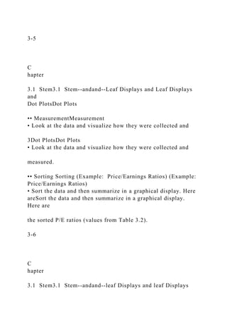 3-5
C
hapter
3.1 Stem3.1 Stem--andand--Leaf Displays and Leaf Displays
and
Dot PlotsDot Plots
•• MeasurementMeasurement
• Look at the data and visualize how they were collected and
3Dot PlotsDot Plots
• Look at the data and visualize how they were collected and
measured.
•• Sorting Sorting (Example: Price/Earnings Ratios) (Example:
Price/Earnings Ratios)
• Sort the data and then summarize in a graphical display. Here
areSort the data and then summarize in a graphical display.
Here are
the sorted P/E ratios (values from Table 3.2).
3-6
C
hapter
3.1 Stem3.1 Stem--andand--leaf Displays and leaf Displays
 