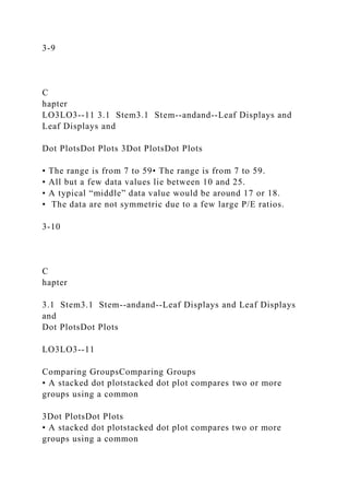 3-9
C
hapter
LO3LO3--11 3.1 Stem3.1 Stem--andand--Leaf Displays and
Leaf Displays and
Dot PlotsDot Plots 3Dot PlotsDot Plots
• The range is from 7 to 59• The range is from 7 to 59.
• All but a few data values lie between 10 and 25.
• A typical “middle” data value would be around 17 or 18.
• The data are not symmetric due to a few large P/E ratios.
3-10
C
hapter
3.1 Stem3.1 Stem--andand--Leaf Displays and Leaf Displays
and
Dot PlotsDot Plots
LO3LO3--11
Comparing GroupsComparing Groups
• A stacked dot plotstacked dot plot compares two or more
groups using a common
3Dot PlotsDot Plots
• A stacked dot plotstacked dot plot compares two or more
groups using a common
 