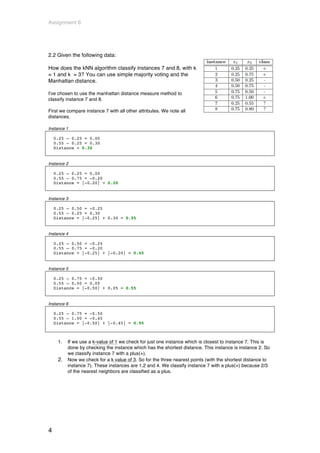 Assignment 6




2.2 Given the following data:

How does the kNN algorithm classify instances 7 and 8, with k
= 1 and k = 3? You can use simple majority voting and the
Manhattan distance.

I’ve chosen to use the manhattan distance measure method to
classify instance 7 and 8.

First we compare instance 7 with all other attributes. We note all
distances.

Instance 1

    0.25 – 0.25 = 0.00
    0.55 – 0.25 = 0.30
    Distance = 0.30


Instance 2

    0.25 – 0.25 = 0.00
    0.55 – 0.75 = -0.20
    Distance = |-0.20| = 0.20


Instance 3

    0.25 – 0.50 = -0.25
    0.55 – 0.25 = 0.30
    Distance = |-0.25| + 0.30 = 0.55


Instance 4

    0.25 – 0.50 = -0.25
    0.55 – 0.75 = -0.20
    Distance = |-0.25| + |-0.20| = 0.45


Instance 5

    0.25 – 0.75 = -0.50
    0.55 – 0.50 = 0.05
    Distance = |-0.50| + 0.05 = 0.55


Instance 6

    0.25 – 0.75 = -0.50
    0.55 – 1.00 = -0.45
    Distance = |-0.50| + |-0.45| = 0.95



     1.   If we use a k-value of 1 we check for just one instance which is closest to instance 7. This is
          done by checking the instance which has the shortest distance. This instance is instance 2. So
          we classify instance 7 with a plus(+).
     2.   Now we check for a k value of 3. So for the three nearest points (with the shortest distance to
          instance 7). These instances are 1,2 and 4. We classify instance 7 with a plus(+) because 2/3
          of the nearest neighbors are classified as a plus.




4
 