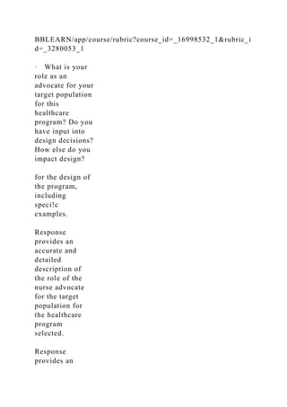 BBLEARN/app/course/rubric?course_id=_16998532_1&rubric_i
d=_3280053_1
· What is your
role as an
advocate for your
target population
for this
healthcare
program? Do you
have input into
design decisions?
How else do you
impact design?
for the design of
the program,
including
speci!c
examples.
Response
provides an
accurate and
detailed
description of
the role of the
nurse advocate
for the target
population for
the healthcare
program
selected.
Response
provides an
 