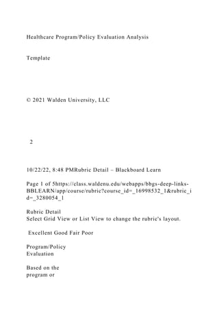 Healthcare Program/Policy Evaluation Analysis
Template
© 2021 Walden University, LLC
2
10/22/22, 8:48 PMRubric Detail – Blackboard Learn
Page 1 of 5https://class.waldenu.edu/webapps/bbgs-deep-links-
BBLEARN/app/course/rubric?course_id=_16998532_1&rubric_i
d=_3280054_1
Rubric Detail
Select Grid View or List View to change the rubric's layout.
Excellent Good Fair Poor
Program/Policy
Evaluation
Based on the
program or
 