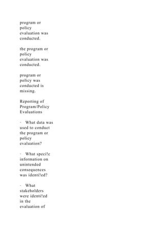 program or
policy
evaluation was
conducted.
the program or
policy
evaluation was
conducted.
program or
policy was
conducted is
missing.
Reporting of
Program/Policy
Evaluations
· What data was
used to conduct
the program or
policy
evaluation?
· What speci!c
information on
unintended
consequences
was identi!ed?
· What
stakeholders
were identi!ed
in the
evaluation of
 