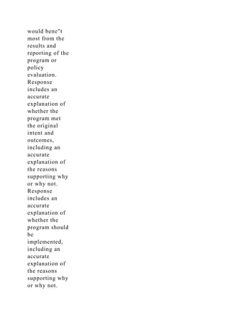 would bene"t
most from the
results and
reporting of the
program or
policy
evaluation.
Response
includes an
accurate
explanation of
whether the
program met
the original
intent and
outcomes,
including an
accurate
explanation of
the reasons
supporting why
or why not.
Response
includes an
accurate
explanation of
whether the
program should
be
implemented,
including an
accurate
explanation of
the reasons
supporting why
or why not.
 
