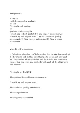 Assignment :
Write a d
etailed comparable analysis
of the
Five tools and methods
of
qualitative risk analysis
, which are 1) Risk probability and impact assessment, 2)
Probability and impact matrix, 3) Risk and data quality
assessment, 4) Risk categorization, and 5) Risk urgency
assessment.
More Detail Instructions:
1. Submit an abundance of information that breaks down each of
the five tools and method into their parts looking at how each
part interaction with each other and the whole, and compares
each of the five tools and methods with each of the other tools
and methods.
Five tools per PMBOK
Risk probability and impact assessment
Probability and impact matrix
Risk and data quality assessment
Risk categorization
Risk urgency assessment
 