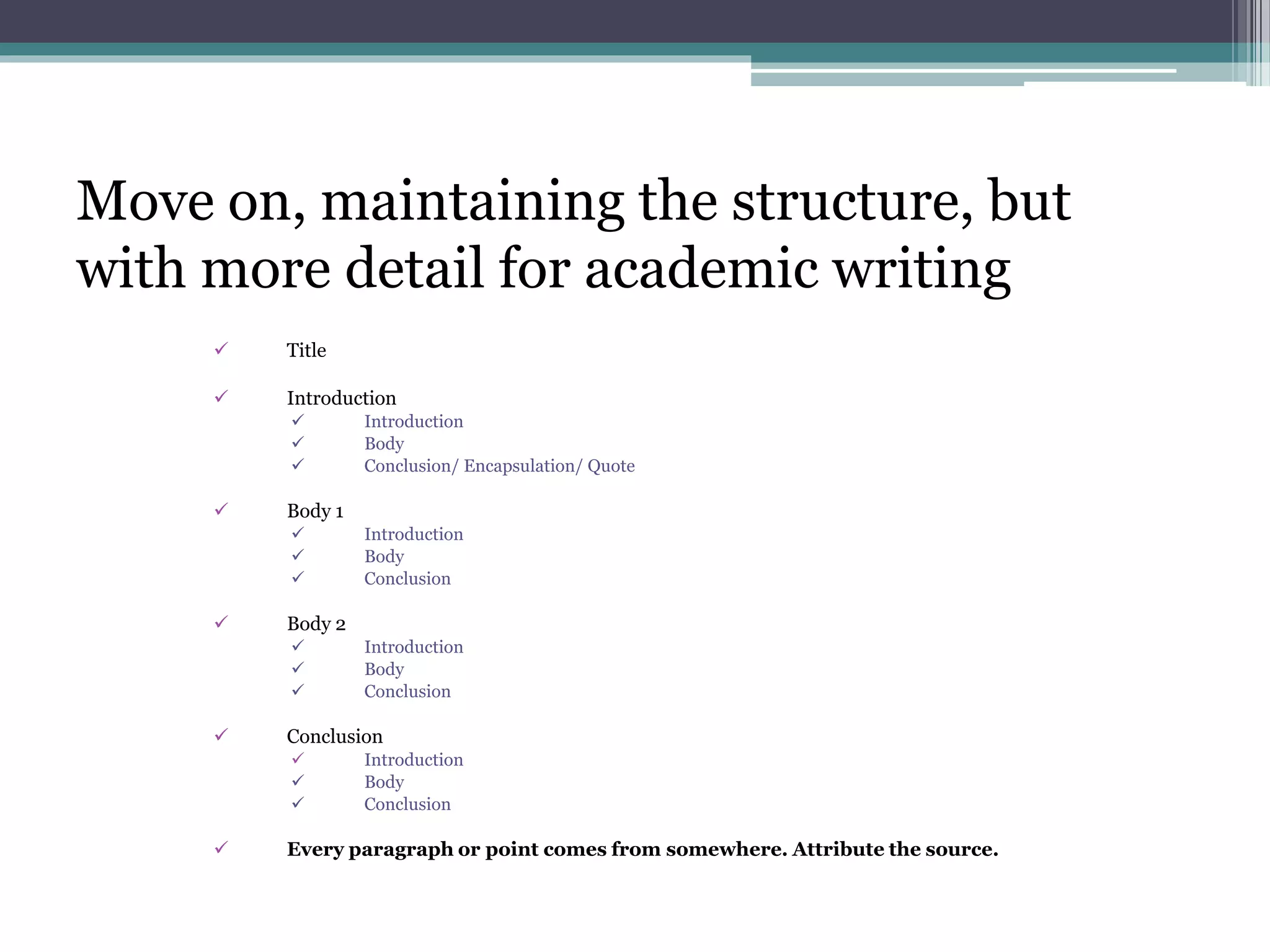 Move on, maintaining the structure, but
with more detail for academic writing
 Title
 Introduction
 Introduction
 Body
 Conclusion/ Encapsulation/ Quote
 Body 1
 Introduction
 Body
 Conclusion
 Body 2
 Introduction
 Body
 Conclusion
 Conclusion
 Introduction
 Body
 Conclusion
 Every paragraph or point comes from somewhere. Attribute the source.
 