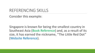 Consider this example:
Singapore is known for being the smallest country in
Southeast Asia (Book Reference) and, as a result of its
size, it has earned the nickname, “The Little Red Dot”
(Website Reference).
REFERENCING SKILLS
 