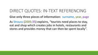 Give only three pieces of information: surname, year, page
As Strauss (2005:35) explains, “tourists need places to stay,
eat and shop which creates jobs in hotels, restaurants and
stores and provides money that can then be spent locally”.
DIRECT QUOTES: IN-TEXT REFERENCING
 