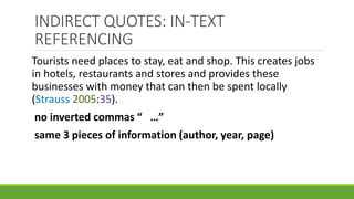 Tourists need places to stay, eat and shop. This creates jobs
in hotels, restaurants and stores and provides these
businesses with money that can then be spent locally
(Strauss 2005:35).
no inverted commas “ …”
same 3 pieces of information (author, year, page)
INDIRECT QUOTES: IN-TEXT
REFERENCING
 