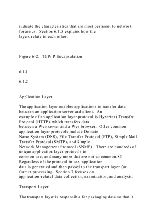 indicate the characteristics that are most pertinent to network
forensics. Section 6.1.5 explains how the
layers relate to each other.
Figure 6-2. TCP/IP Encapsulation
6.1.1
6.1.2
Application Layer
The application layer enables applications to transfer data
between an application server and client. An
example of an application layer protocol is Hypertext Transfer
Protocol (HTTP), which transfers data
between a Web server and a Web browser. Other common
application layer protocols include Domain
Name System (DNS), File Transfer Protocol (FTP), Simple Mail
Transfer Protocol (SMTP), and Simple
Network Management Protocol (SNMP). There are hundreds of
unique application layer protocols in
common use, and many more that are not so common.83
Regardless of the protocol in use, application
data is generated and then passed to the transport layer for
further processing. Section 7 focuses on
application-related data collection, examination, and analysis.
Transport Layer
The transport layer is responsible for packaging data so that it
 