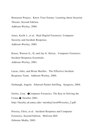 Honeynet Project. Know Your Enemy: Learning about Security
Threats, Second Edition.
Addison-Wesley, 2004.
Jones, Keith J., et al. Real Digital Forensics: Computer
Security and Incident Response.
Addison-Wesley, 2005.
Kruse, Warren G., II, and Jay G. Heiser. Computer Forensics:
Incident Response Essentials.
Addison-Wesley, 2001.
Lucas, Julie, and Brian Moeller. The Effective Incident
Response Team. Addison-Wesley, 2004.
Orebaugh, Angela. Ethereal Packet Sniffing. Syngress, 2004.
Oseles, Lisa. �Computer Forensics: The Key to Solving the
Crime.� October 2001.
http://faculty.ed.umuc.edu/~meinkej/inss690/oseles_2.pdf.
Prosise, Chris, et al. Incident Response and Computer
Forensics, Second Edition. McGraw-Hill
Osborne Media, 2003.
 