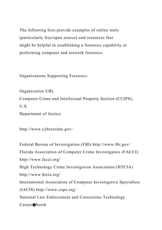 The following lists provide examples of online tools
(particularly free/open source) and resources that
might be helpful in establishing a forensics capability or
performing computer and network forensics.
Organizations Supporting Forensics
Organization URL
Computer Crime and Intellectual Property Section (CCIPS),
U.S.
Department of Justice
http://www.cybercrime.gov/
Federal Bureau of Investigation (FBI) http://www.fbi.gov/
Florida Association of Computer Crime Investigators (FACCI)
http://www.facci.org/
High Technology Crime Investigation Association (HTCIA)
http://www.htcia.org/
International Association of Computer Investigative Specialists
(IACIS) http://www.cops.org/
National Law Enforcement and Corrections Technology
Center�North
 
