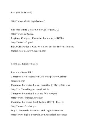 East (NLECTC-NE)
http://www.nlectc.org/nlectcne/
National White Collar Crime Center (NW3C)
http://www.nw3c.org/
Regional Computer Forensics Laboratory (RCFL)
http://www.rcfl.gov/
SEARCH: National Consortium for Justice Information and
Statistics http://www.search.org/
Technical Resource Sites
Resource Name URL
Computer Crime Research Center http://www.crime-
research.org/
Computer Forensics Links (compiled by Dave Dittrich)
http://staff.washington.edu/dittrich/
Computer Forensics Links and Whitepapers
http://www.forensics.nl/links/
Computer Forensics Tool Testing (CFTT) Project
http://www.cftt.nist.gov/
Digital Mountain Technical and Legal Resources
http://www.digitalmountain.com/technical_resources
 