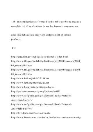 128 The applications referenced in this table are by no means a
complete list of applications to use for forensic purposes, nor
does this publication imply any endorsement of certain
products.
F-3
http://csrc.nist.gov/publications/nistpubs/index.html
http://www.fbi.gov/hq/lab/fsc/backissu/july2004/research/2004_
03_research01.htm
http://www.fbi.gov/hq/lab/fsc/backissu/july2004/research/2004_
03_research01.htm
http://www.ietf.org/rfc/rfc3164.txt
http://www.ietf.org/rfc/rfc3227.txt
http://www.honeypots.net/ids/products/
http://packetstormsecurity.org/defense/sniff/
http://www.softpedia.com/get/Network-Tools/Protocol-
Analyzers-Sniffers/
http://www.softpedia.com/get/Network-Tools/Protocol-
Analyzers-Sniffers/
http://fire.dmzs.com/?section=tools
http://www.foundstone.com/index.htm?subnav=resources/naviga
 