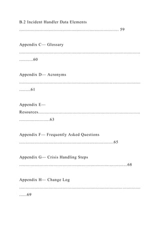 B.2 Incident Handler Data Elements
.............................................................................. 59
Appendix C— Glossary
...............................................................................................
...........60
Appendix D— Acronyms
...............................................................................................
.........61
Appendix E—
Resources................................................................................
........................63
Appendix F— Frequently Asked Questions
..........................................................................65
Appendix G— Crisis Handling Steps
.....................................................................................68
Appendix H— Change Log
...............................................................................................
......69
 