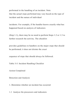 performed in the handling of an incident. Note
that the actual steps performed may vary based on the type of
incident and the nature of individual
incidents. For example, if the handler knows exactly what has
happened based on analysis of indicators
(Step 1.1), there may be no need to perform Steps 1.2 or 1.3 to
further research the activity. The checklist
provides guidelines to handlers on the major steps that should
be performed; it does not dictate the exact
sequence of steps that should always be followed.
Table 3-5. Incident Handling Checklist
Action Completed
Detection and Analysis
1. Determine whether an incident has occurred
1.1 Analyze the precursors and indicators
 
