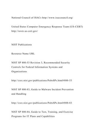 National Council of ISACs http://www.isaccouncil.org/
United States Computer Emergency Response Team (US-CERT)
http://www.us-cert.gov/
NIST Publications
Resource Name URL
NIST SP 800-53 Revision 3, Recommended Security
Controls for Federal Information Systems and
Organizations
http://csrc.nist.gov/publications/PubsSPs.html#800-53
NIST SP 800-83, Guide to Malware Incident Prevention
and Handling
http://csrc.nist.gov/publications/PubsSPs.html#800-83
NIST SP 800-84, Guide to Test, Training, and Exercise
Programs for IT Plans and Capabilities
 