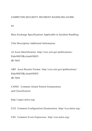 COMPUTER SECURITY INCIDENT HANDLING GUIDE
64
Data Exchange Specifications Applicable to Incident Handling
Title Description Additional Information
AI Asset Identification http://csrc.nist.gov/publications/
PubsNISTIRs.html#NIST-
IR-7693
ARF Asset Results Format http://csrc.nist.gov/publications/
PubsNISTIRs.html#NIST-
IR-7694
CAPEC Common Attack Pattern Enumeration
and Classification
http://capec.mitre.org/
CCE Common Configuration Enumeration http://cce.mitre.org/
CEE Common Event Expression http://cee.mitre.org/
 