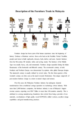 4
Description of the Furniture Trade in Malaysia
Furniture design has been a part of the human experience since the beginning of
history. Evidence of furniture survives from as far back as the Neolithic Period. Neolithic
people used stone to build cupboards, dressers, beds, shelves and seats. Ancient furniture
from the 8th-century BC includes tables and serving stands. The furniture of the Middle
Ages was usually heavy, oak, and ornamented. Furniture design expanded during the Italian
Renaissance of the fourteenth and fifteenth century. The seventeenth century, in both
Southern and Northern Europe, was characterized by opulent, often gilded Baroque designs.
The nineteenth century is usually defined by revival styles. The first three-quarters of the
twentieth century are often seen as the march towards Modernism. One unique outgrowth of
post-modern furniture design is a return to natural shapes and textures.
Over the years, the Malaysian Furniture industry has undergone dynamic
transformation from a traditional cottage operation to a technology driven industry. With
more than 2,400 furniture companies, the furniture industry is one of Malaysia’s biggest
revenue earners, exporting over RM 7 billion to more than 160 countries annually. This is
attributed to a strong manufacturing foundation that evolved from being a provider of raw
materials, an abundance of high quality wood SUPPLIES, skilled workers, excellent design
capabilities and good manufacturing practices.
 