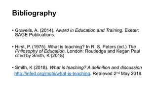 Bibliography
• Gravells, A. (2014). Award in Education and Training. Exeter:
SAGE Publications.
• Hirst, P. (1975). What is teaching? In R. S. Peters (ed.) The
Philosophy of Education. London: Routledge and Kegan Paul
cited by Smith, K (2018)
• Smith, K (2018). What is teaching? A definition and discussion
http://infed.org/mobi/what-is-teaching. Retrieved 2nd May 2018.
 