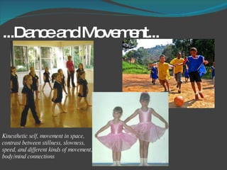 ...Dance and Movement...  Kinesthetic self, movement in space, contrast between stillness, slowness, speed, and different kinds of movement, body/mind connections 