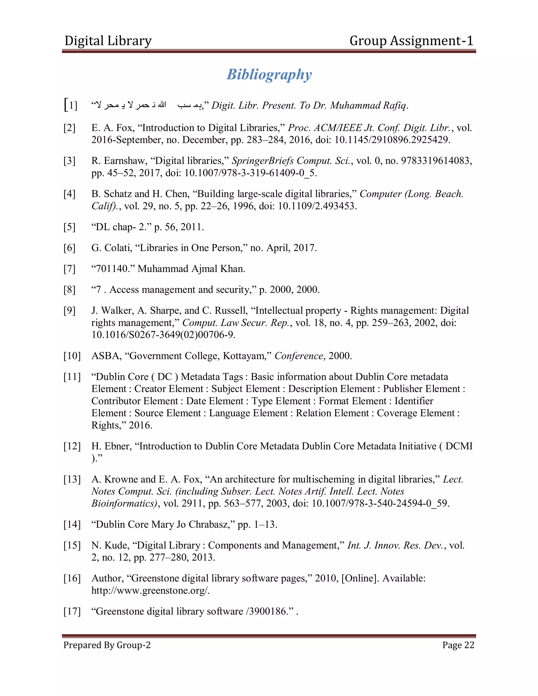 Digital Library Group Assignment-1
Prepared By Group-2 Page 22
Bibliography
[1] ―‫ال‬ ‫محر‬ ‫ی‬ ‫ال‬ ‫حمر‬ ‫ن‬ ‫ہللا‬ ‫سب‬ ‫ہم‬,‖ Digit. Libr. Present. To Dr. Muhammad Rafiq.
[2] E. A. Fox, ―Introduction to Digital Libraries,‖ Proc. ACM/IEEE Jt. Conf. Digit. Libr., vol.
2016-September, no. December, pp. 283–284, 2016, doi: 10.1145/2910896.2925429.
[3] R. Earnshaw, ―Digital libraries,‖ SpringerBriefs Comput. Sci., vol. 0, no. 9783319614083,
pp. 45–52, 2017, doi: 10.1007/978-3-319-61409-0_5.
[4] B. Schatz and H. Chen, ―Building large-scale digital libraries,‖ Computer (Long. Beach.
Calif)., vol. 29, no. 5, pp. 22–26, 1996, doi: 10.1109/2.493453.
[5] ―DL chap- 2.‖ p. 56, 2011.
[6] G. Colati, ―Libraries in One Person,‖ no. April, 2017.
[7] ―701140.‖ Muhammad Ajmal Khan.
[8] ―7 . Access management and security,‖ p. 2000, 2000.
[9] J. Walker, A. Sharpe, and C. Russell, ―Intellectual property - Rights management: Digital
rights management,‖ Comput. Law Secur. Rep., vol. 18, no. 4, pp. 259–263, 2002, doi:
10.1016/S0267-3649(02)00706-9.
[10] ASBA, ―Government College, Kottayam,‖ Conference, 2000.
[11] ―Dublin Core ( DC ) Metadata Tags : Basic information about Dublin Core metadata
Element : Creator Element : Subject Element : Description Element : Publisher Element :
Contributor Element : Date Element : Type Element : Format Element : Identifier
Element : Source Element : Language Element : Relation Element : Coverage Element :
Rights,‖ 2016.
[12] H. Ebner, ―Introduction to Dublin Core Metadata Dublin Core Metadata Initiative ( DCMI
).‖
[13] A. Krowne and E. A. Fox, ―An architecture for multischeming in digital libraries,‖ Lect.
Notes Comput. Sci. (including Subser. Lect. Notes Artif. Intell. Lect. Notes
Bioinformatics), vol. 2911, pp. 563–577, 2003, doi: 10.1007/978-3-540-24594-0_59.
[14] ―Dublin Core Mary Jo Chrabasz,‖ pp. 1–13.
[15] N. Kude, ―Digital Library : Components and Management,‖ Int. J. Innov. Res. Dev., vol.
2, no. 12, pp. 277–280, 2013.
[16] Author, ―Greenstone digital library software pages,‖ 2010, [Online]. Available:
http://www.greenstone.org/.
[17] ―Greenstone digital library software /3900186.‖ .
 