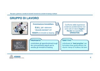 Recupero, gestione e vendita di immobili rivenienti da contratti di leasing in default



GRUPPO DI LAVORO
                                         Commissione Immobiliare                             Confronto delle esperienze
                                             G.d.L. per elaborare                           evidenzia problematiche non
                                                                                            sono solo di natura legale o
                                             “clausole standard” per
                                                                                               fiscale ma soprattutto
                                        ROGITI di immobili ex leasing                              OPERATIVE.



                                     PROPOSITO                                           OBIETTIVO
                                     condividere gli approfondimenti sugli               individuare le “best practice” per
                                     iter comunemente seguiti per la                     formulare linee guida efficaci nel
                                     vendita gli immobili ex leasing                     ridurre i tempi di ricolloco dei beni




                                                                                                                                 4
 