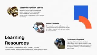 Learning
Resources
Explore various platforms for online courses,
communities, and books to enhance your Python skills.
Essential Python Books
Numerous books offer comprehensive
guides to learning Python, catering to
various skill levels and covering all
fundamentals and advanced topics needed
for mastery.
Online Courses
Online platforms such as Coursera and
Udemy provide structured courses taught
by industry experts, making it easy to learn
at your own pace.
Community Support
Engaging with communities like Stack
Overflow and GitHub allows learners to ask
questions, share knowledge, and collaborate
on projects, fostering a supportive learning
environment.
 