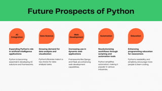AI
Integration
Data Science
Web
Development
Automation Education
Expanding Python's role
in artificial intelligence
applications
Python is becoming
essential in developing AI
solutions and frameworks.
Growing demand for
data analysis and
visualization
Python's libraries make it a
top choice for data
analysis tasks.
Increasing use in
dynamic web
applications
Frameworks like Django
and Flask are enhancing
web development
capabilities.
Revolutionizing
workflows through
scripting and
automation tools
Python simplifies
automation, making it
popular in various
industries.
Enhancing
programming education
for newcomers
Python's readability and
simplicity encourage more
people to learn coding.
Future Prospects of Python
 