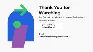 Thank You for
Watching
For further details and inquiries, feel free to
reach out to us.
Email
harshvaland2451@email.com
presented by
valand harsh
 