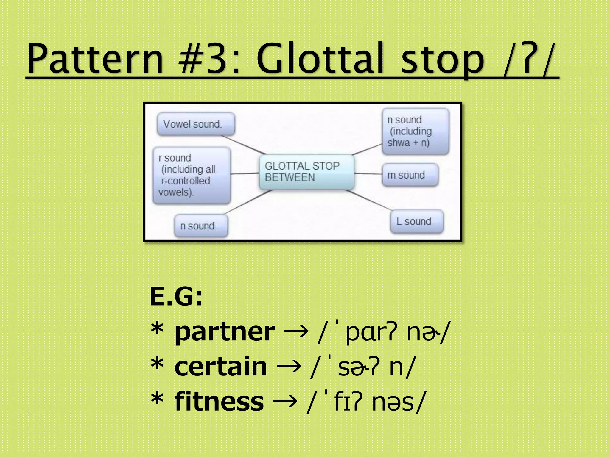 Pattern #3: Glottal stop /ʔ/ 
E.G: 
* partner → /ˈpɑrʔ nɚ/ 
* certain → /ˈsɚʔ n/ 
* fitness → /ˈfɪʔ nəs/ 
 